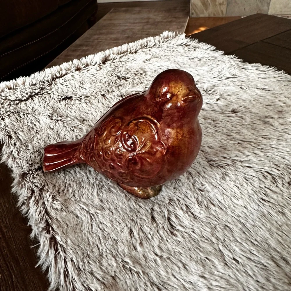 Hand crafted upcycled Red gold Ceramic rustic farmhouse Bird Figurine